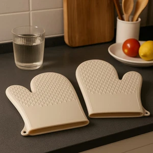 2 Adet Silikon Fırın Eldiven, Yanmaz Fırın, Tencere Tutacak, Damla Desenli, Krem Renk