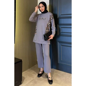 Leopar Desenli Büyük Beden Tunik Pantolon Tesettür Ikili Takım P-00016552