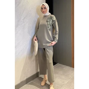 Yaka Çiçek Detaylı Tunik Pantolon Tesettür Ikili Takım P-00015931