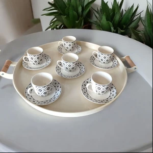 Tepsi -Ahşap Kulplu Büyük Boy Metal Çay Tepsisi Kahve Tepsisi Sunum Kahvaltı Tepsisii-40 cm