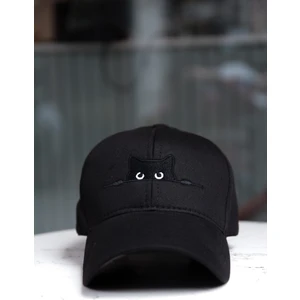 Meraklı Kedi Nakışlı Siyah Şapka