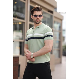 Çağla Yeşili Fermuarlı Polo Yaka Triko Erkek T-Shirt E7299
