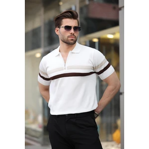 Beyaz Fermuarlı Polo Yaka Triko Erkek T-Shirt E7299