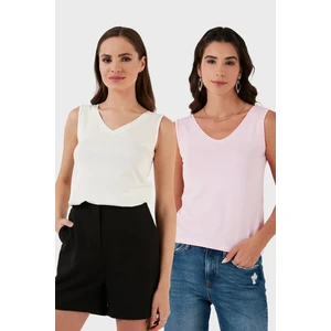 Slim Fit V Yaka Kalın Askılı 2' Li Paket Bluz Bayan Bluz 5864384S2