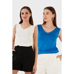 Slim Fit V Yaka Kalın Askılı 2' Li Paket Bluz Bayan Bluz 5864384S2