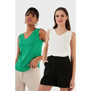 Slim Fit V Yaka Kalın Askılı 2' Li Paket Bluz Bayan Bluz 5864384S2
