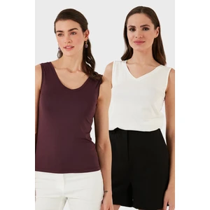 Slim Fit V Yaka Kalın Askılı 2' Li Paket Bluz Bayan Bluz 5864384S2