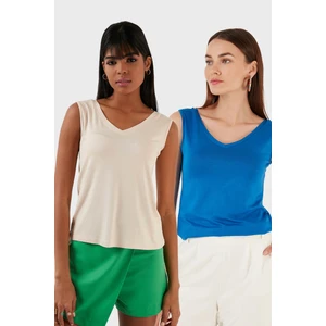 Slim Fit V Yaka Kalın Askılı 2' Li Paket Bluz Bayan Bluz 5864384S2