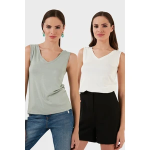 Slim Fit V Yaka Kalın Askılı 2' Li Paket Bluz Bayan Bluz 5864384S2