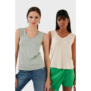 Slim Fit V Yaka Kalın Askılı 2' Li Paket Bluz Bayan Bluz 5864384S2