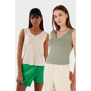 Slim Fit V Yaka Kalın Askılı 2' Li Paket Bluz Bayan Bluz 5864384S2