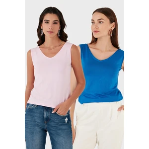 Slim Fit V Yaka Kalın Askılı 2' Li Paket Bluz Bayan Bluz 5864384S2