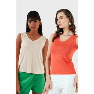 Slim Fit V Yaka Kalın Askılı 2' Li Paket Bluz Bayan Bluz 5864384S2