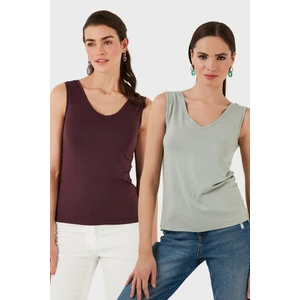 Slim Fit V Yaka Kalın Askılı 2' Li Paket Bluz Bayan Bluz 5864384S2