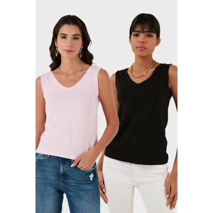Slim Fit V Yaka Kalın Askılı 2' Li Paket Bluz Bayan Bluz 5864384S2