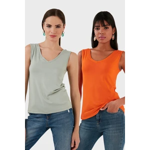 Slim Fit V Yaka Kalın Askılı 2' Li Paket Bluz Bayan Bluz 5864384S2