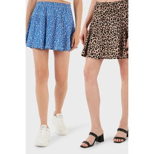 Desenli Beli Lastikli Slim Fit Mini 2'li Paket Şort Etek Bayan Şort Etek 5864024S2
