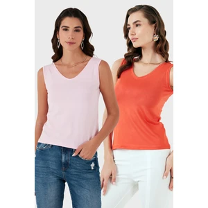 Slim Fit V Yaka Kalın Askılı 2' Li Paket Bluz Bayan Bluz 5864384S2