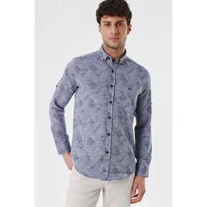 Koyu Lacivert Kısalabilir Kollu Desenli JakarlıCepsiz %100 Pamuk Casual Slim Fit Gömlek 1004230182