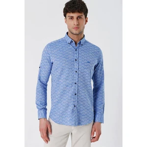 Mavi Kısalabilir Kollu Desenli JakarlıCepsiz %100 Pamuk Casual Slim Fit Gömlek 1004230181