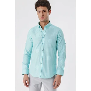 Açık Yeşil Kısalabilir Kollu Desenli JakarlıCepsiz %100 Pamuk Casual Slim Fit Gömlek 1004230183