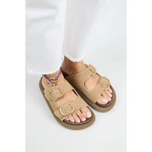 Lavanda Kadın  Deri Çift Tokalı Kum Terlik