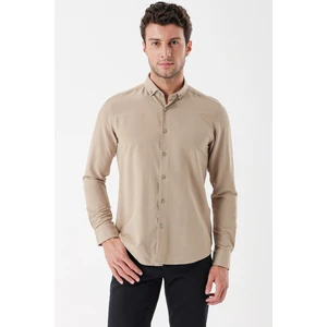 Bej Uzun Kollu Çizgili Gofreli Cepsiz Klasik Slim Fit Dar Kesim Gömlek 1004230233