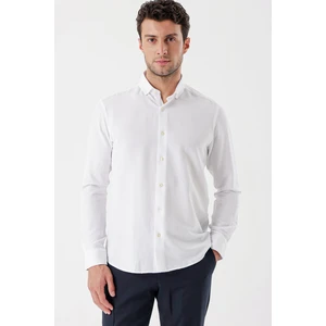 Beyaz Uzun Kollu Çizgili Gofreli Cepsiz Klasik Slim Fit Dar Kesim Gömlek 1004230233