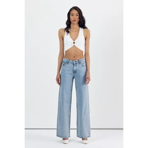 Whatsup Yüksek Bel Simli Bol Paça Pantolon  - Denim Denim - 27