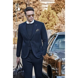 Koyu Lacivert Desen Örme Kılıç Yaka Beli Lastikli 6 Drop Slim Fit Classic Takım Elbise 1001245170