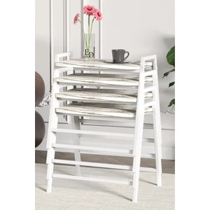 Zigon Sehpa , Aden 4'lü Tepsi Zigon Sehpa Takımı Beyaz Metal - Beyaz Mermer Tabla