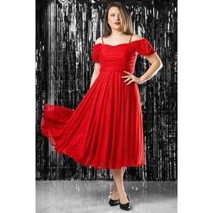 Askılı Simli Abiye Elbise Kırmızı MDV376
