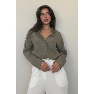 Haki Uzun Kollu Çizgili Oversize Gömlek MG2080