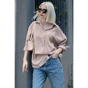 Bej Uzun Kollu Çizgili Oversize Gömlek MG2080