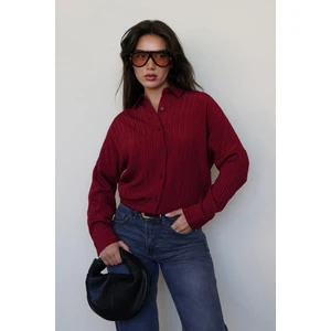 Bordo Uzun Kollu Çizgili Oversize Gömlek MG2080