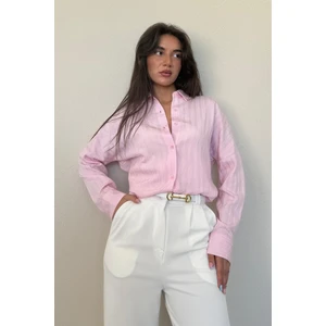 Pembe Uzun Kollu Çizgili Oversize Gömlek MG2080