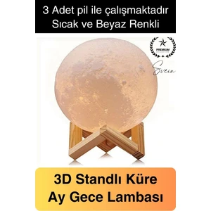 Dolunay 3D Ay Işıklı Standlı Pilli Dekoratif Gece Lambası Hediyelik Küre LED 15 cm Loş Dekor