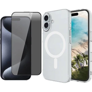 iPhone 16 Kılıf Zore M-safe Şarj Özellikli Şeffaf Tek Kamera Çerçeveli Porto Kapak + Hayalet Ekran Koruyucu