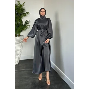 Dimitra Balon Kol Saten Elbise Füme