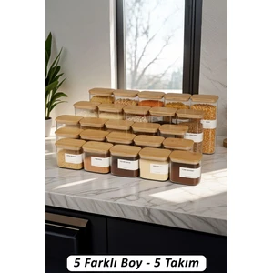 5 Takım 5 Boy Lüks Dikdörtgen Vakumlu Bambu Kapak Borosilikat Cam Bakliyat Saklama Kavanozu - B02