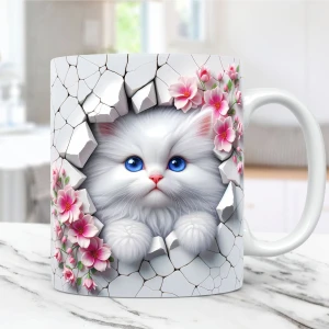 Pembe Çiçekli Sevimli Kedi Temalı 3D Efektli Porselen Kupa Bardak - Kedili Kupa Bardak