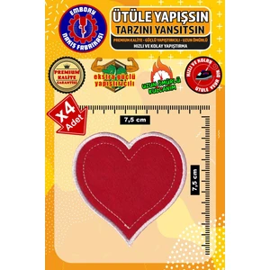 Ütü ile Yapışan Arma Yama, Kırmızı Kalp (4 Adet) Ütüyle Yapışan Nakış Dokuma Aplike Patch