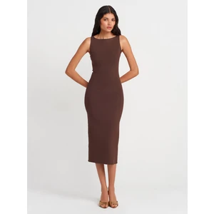 91099 Vücuda Oturan Midi Elbise-Kahve