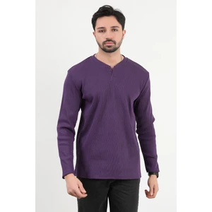 Erkek V Yaka Düğme Detaylı Dokulu Sweatshirt Mor - 5524