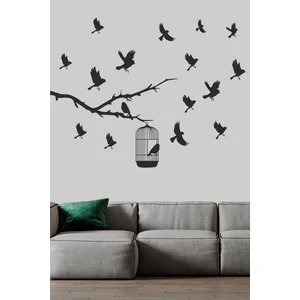 trc trafik Kafesten Kaçan Kuşlar Dekoretif Duvar Sticker Siyah Figür 13'lü
