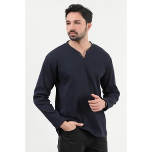 Erkek V Yaka Düğme Detaylı Dokulu Sweatshirt Lacivert - 5524