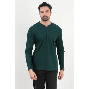 Erkek V Yaka Düğme Detaylı Dokulu Sweatshirt Koyu Yeşil - 5524