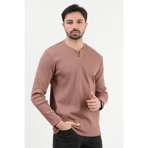 Erkek V Yaka Düğme Detaylı Dokulu Sweatshirt Koyu Bej - 5524
