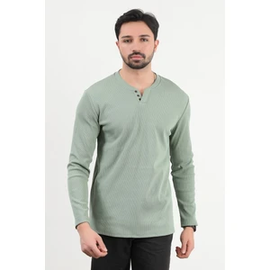 Erkek V Yaka Düğme Detaylı Dokulu Sweatshirt Yeşil - 5524