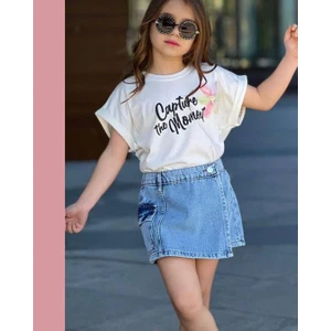 Cg Kids Capture Baskılı Çiçek Işlemeli Etek Görünümlü Kot Şort Kız Çocuk Alt Üst Takım